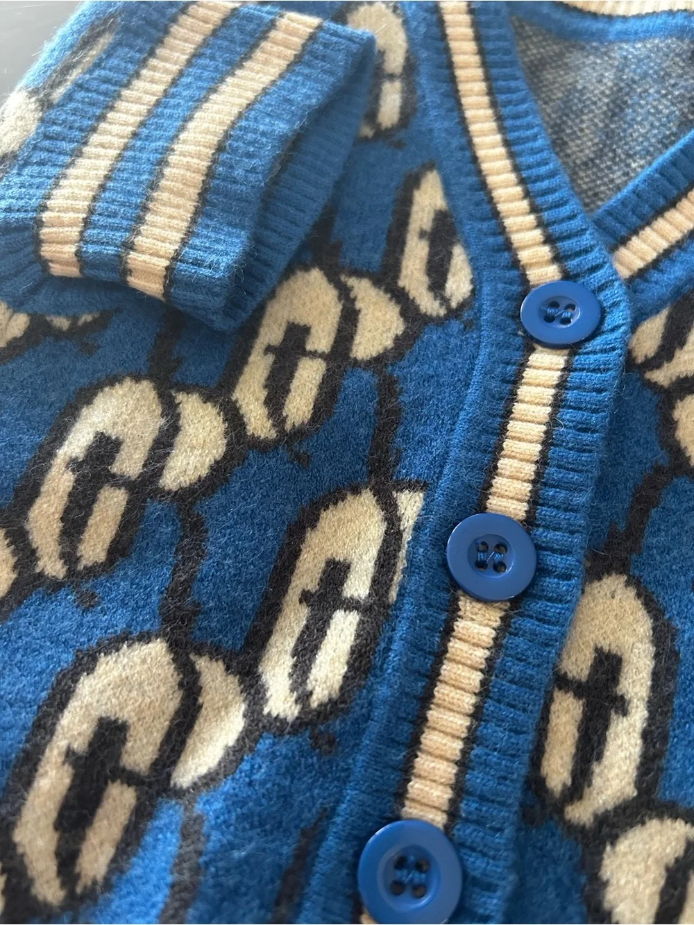 NWT On The Roll Luxury Monogram Dog Cardigan Sweater - Blue/Cream - Size Large